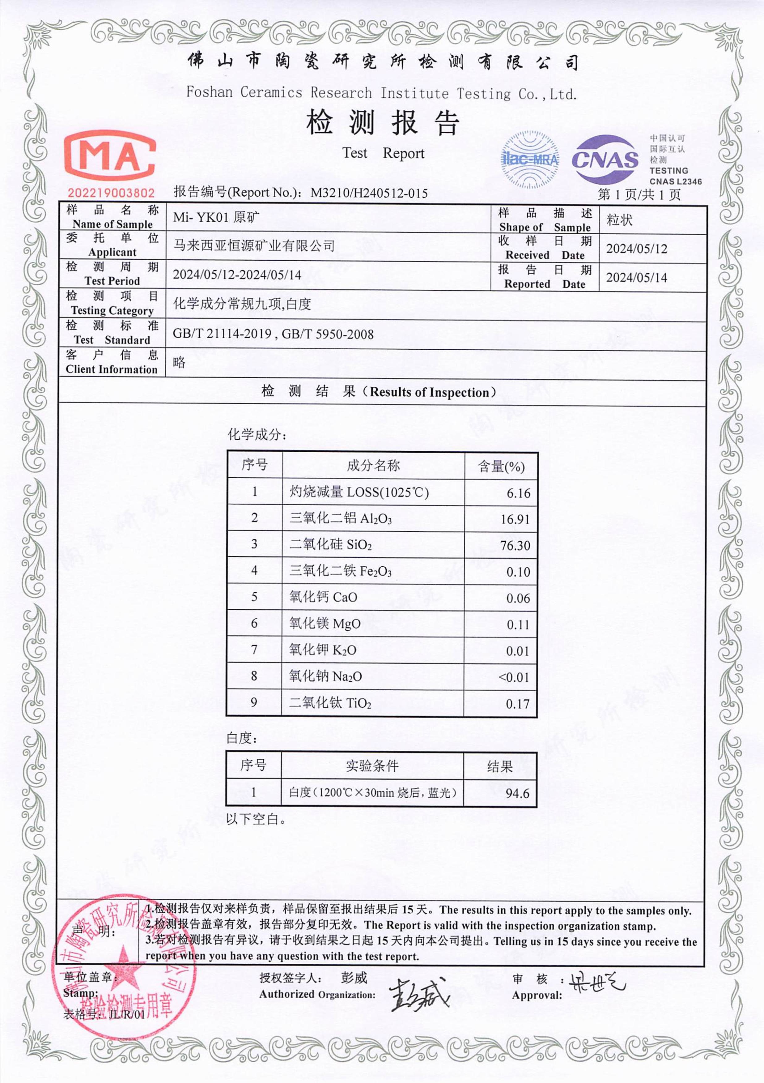 Test Report Mi-YK01原矿